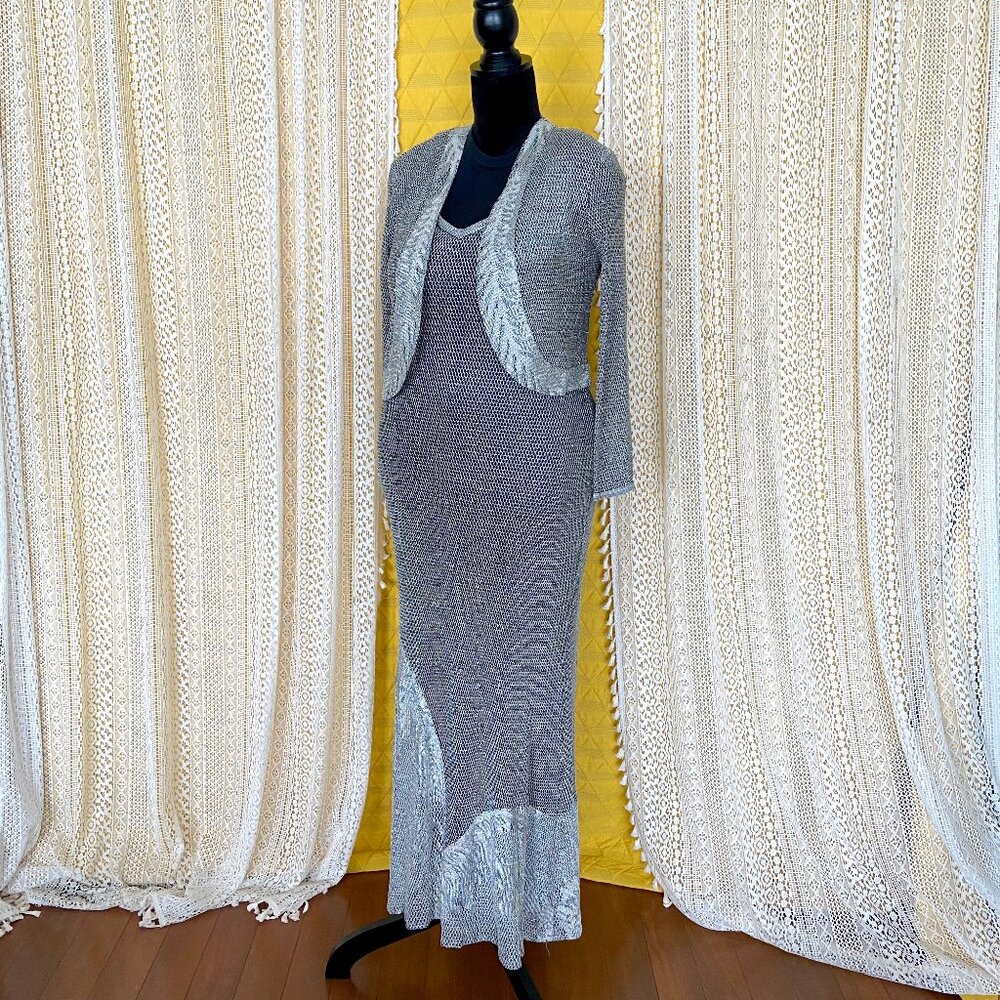 VTG 90s Silver Metallic Crochet Art Deco Maxi Dress Bolero Set Damianou Sz S